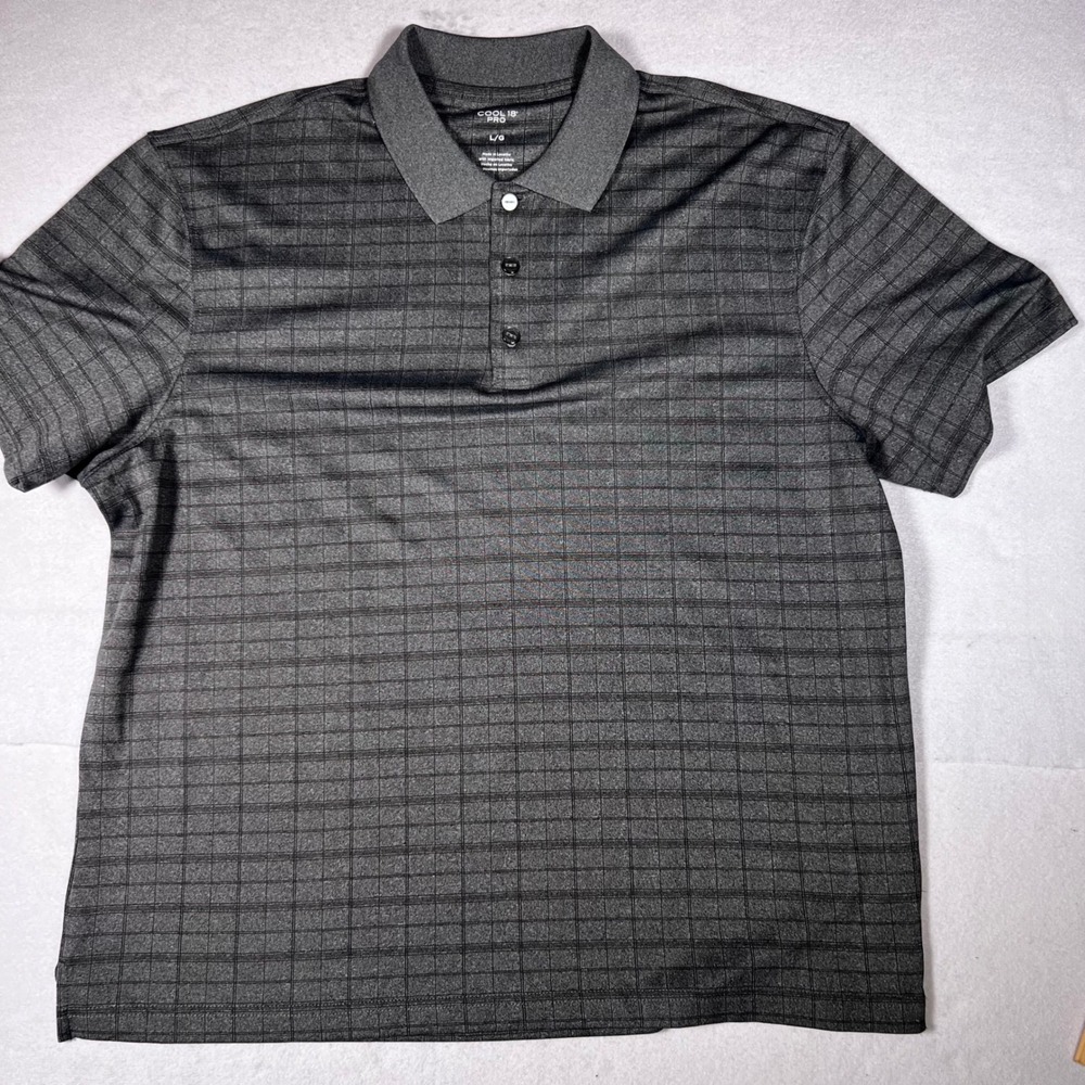 Haggar Cool 18 Pro Mens Large Grey Black Grid Performance Golf Polo Shirt L